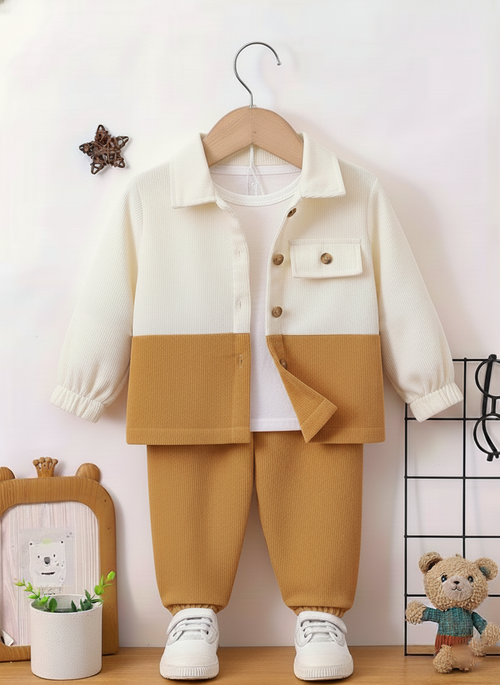 Boys Cream & Camel Colour Block Ribbed Texture Full Sleeve 
Spread Collar Shirt with Flap Chest Pocket & Matching Solid 
Camel Ribbed Elastic Waist Jogger Pants Set - Smart Casual 
Winter Wear for Boys | The Kidswear