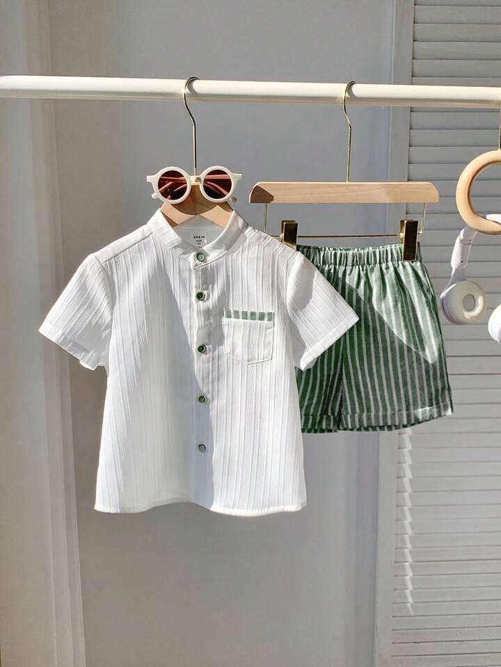 Boys Popcorn Shirt & Striped  Green Shorts Set