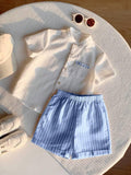 Boys White Linen Mandarin Collar Shirt & Blue Striped Cuffed 
Shorts Set - Smart Casual Summer Wear for Boys | The Kidswear
