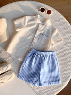 Boys White Linen Mandarin Collar Shirt & Blue Striped Cuffed 
Shorts Set - Smart Casual Summer Wear for Boys | The Kidswear