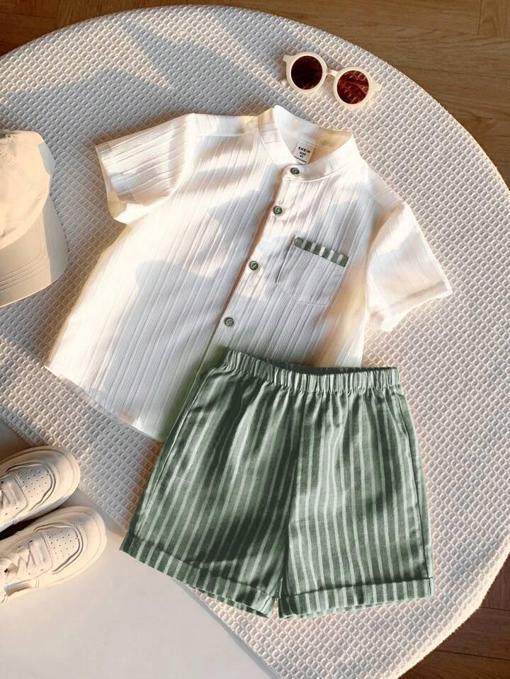 Boys White Linen Mandarin Collar Shirt & Sage Green Striped 
Shorts Set - Summer Casual Wear for Boys | The Kidswear
