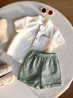 Boys White Linen Mandarin Collar Shirt & Sage Green Striped 
Shorts Set - Summer Casual Wear for Boys | The Kidswear