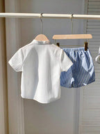 Boys Popcorn Shirt & Striped  blue Shorts Set (Mandarin Collar)