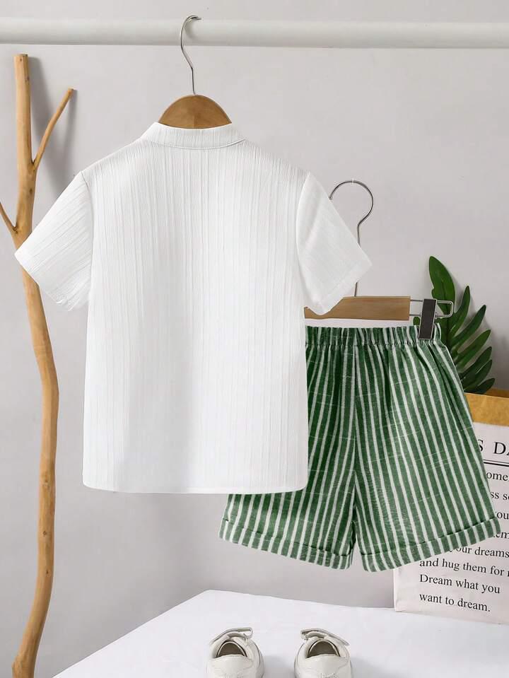 Boys Popcorn Shirt & Striped  Green Shorts Set