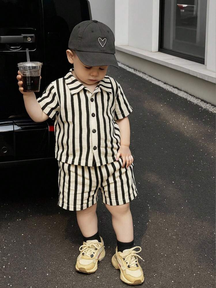 Boys Striped Hosiery Cotton Shirt & Shorts Set