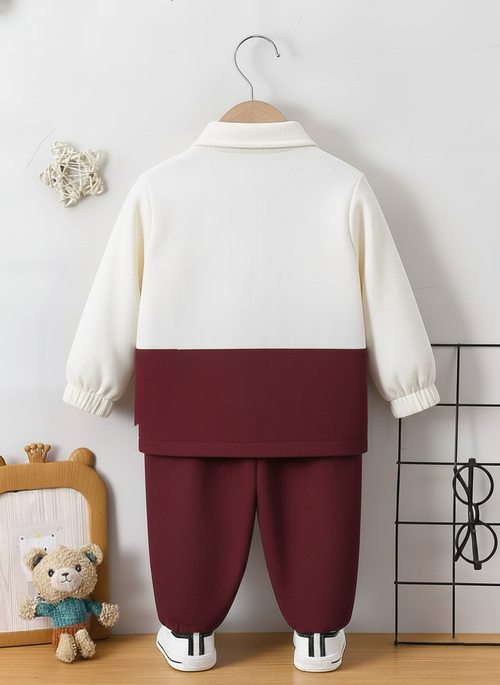 Boys Cream & Maroon Colour Block Ribbed Texture Full Sleeve 
Spread Collar Shirt with Flap Chest Pocket & Matching Solid 
Maroon Ribbed Elastic Waist Jogger Pants Set - Smart Casual 
Winter Wear for Boys | The Kidswear