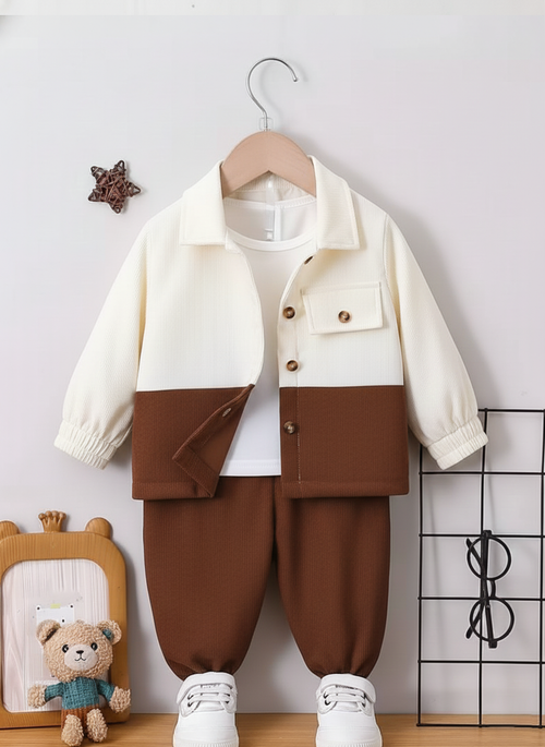 Boys Cream & Chocolate Brown Colour Block Corduroy Ribbed 
Full Sleeve Spread Collar Shirt with Flap Chest Pocket & 
Matching Solid Chocolate Brown Corduroy Elastic Waist Jogger 
Pants Set - Smart Casual Winter Wear for Boys | The Kidswear