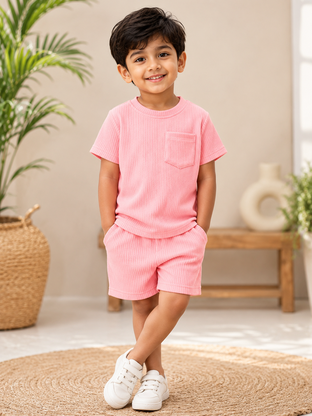 Boys Pink Hosiery Cotton T-shirt & Shorts Set