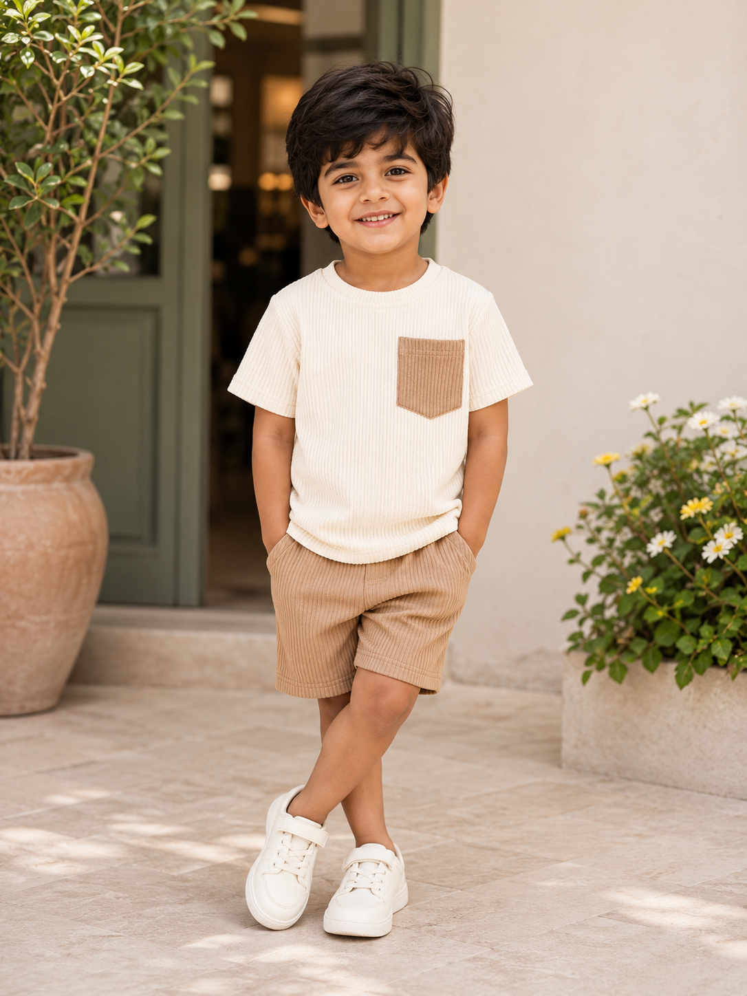 Boys White Cotton T-shirt & Cream Shorts Set