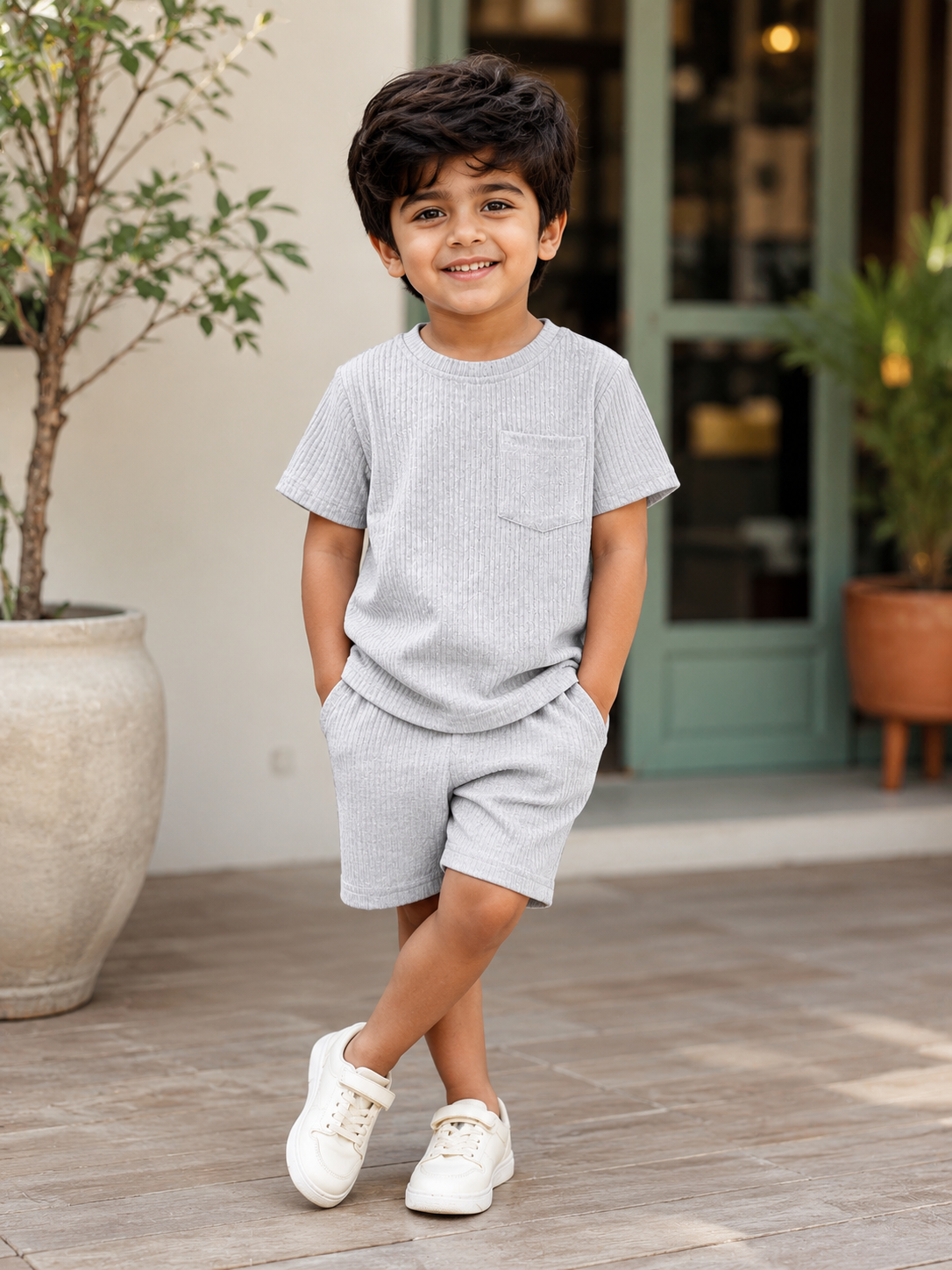 Boys Gray Hosiery Cotton T-shirt & Shorts Set