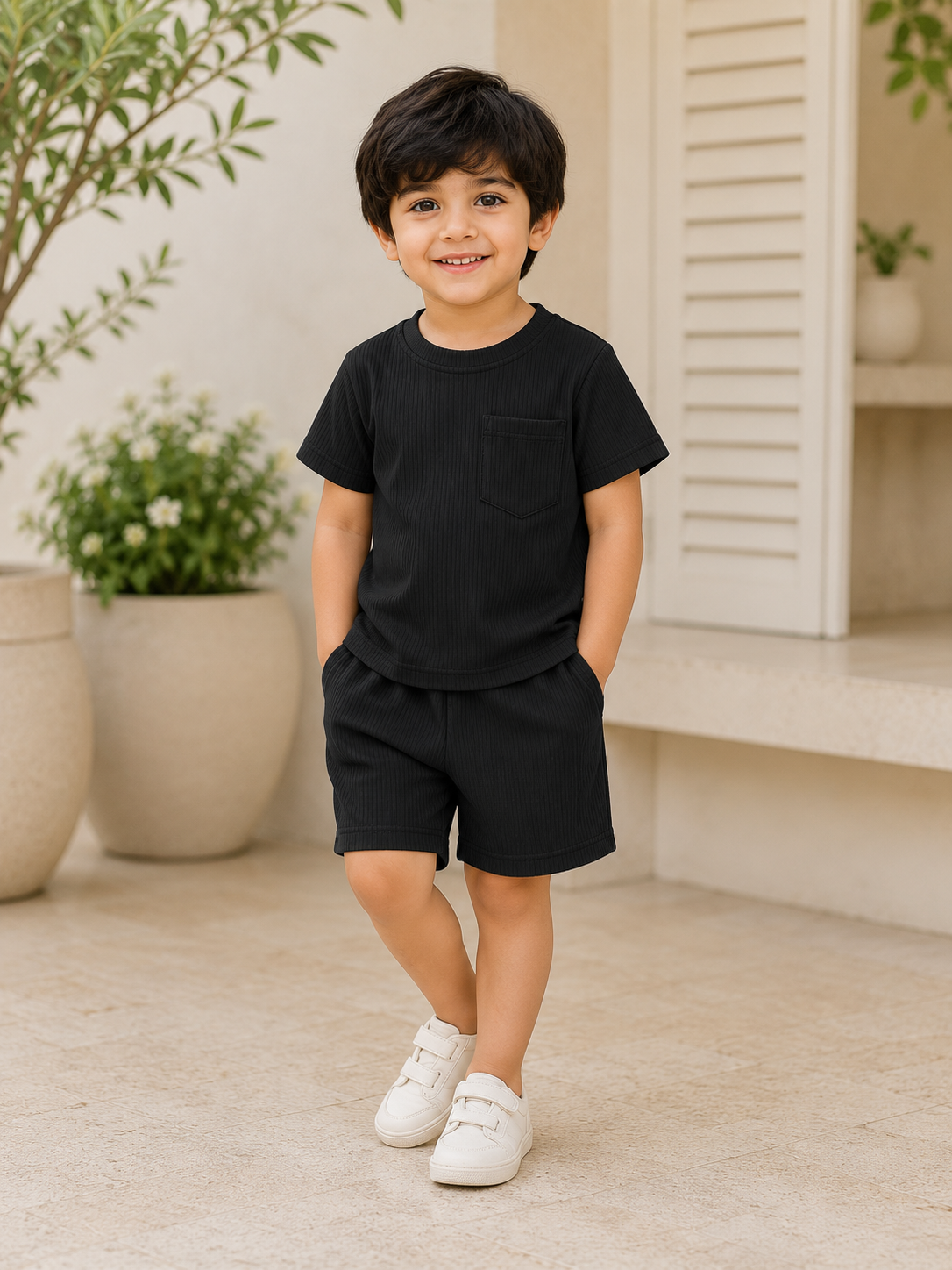 Boys Black Hosiery Cotton T-shirt & Shorts Set
