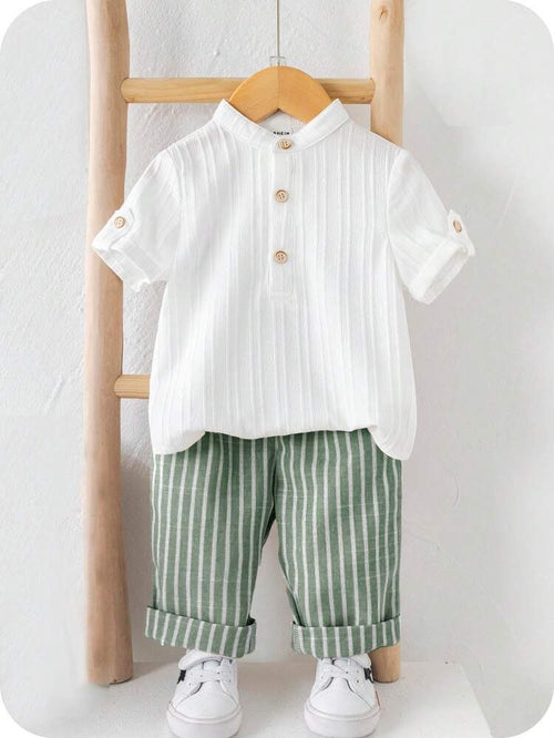 Boys White Linen Mandarin Collar Roll-Up Sleeve Shirt & Sage 
Green Striped Cuffed Full Length Pants Set - Smart Casual 
Summer Wear for Boys | The Kidswear