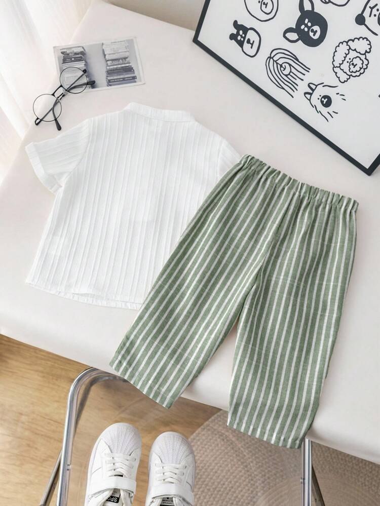 Boys Cotton Mandarin Collar Shirt & Striped Green Pants Set