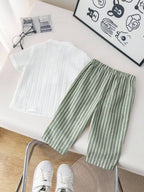 Boys Cotton Mandarin Collar Shirt & Striped Green Pants Set