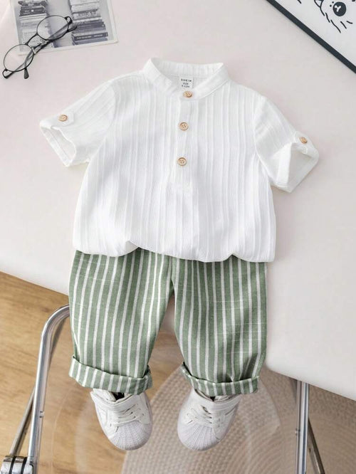 Boys Hosiery Cotton Mandarin Collar Shirt & Striped Green Pants Set