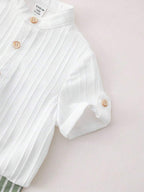Boys Cotton Mandarin Collar Shirt & Striped Green Pants Set