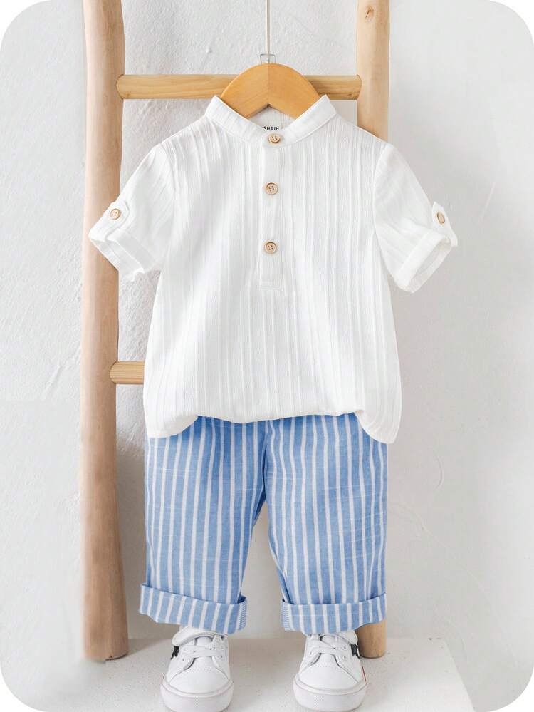 Boys White Linen Mandarin Collar Roll-Up Sleeve Shirt & Light 
Blue Striped Cuffed Full Length Pants Set - Smart Casual Summer 
Wear for Boys | The Kidswear
