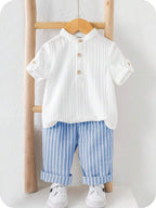 Boys White Linen Mandarin Collar Roll-Up Sleeve Shirt & Light 
Blue Striped Cuffed Full Length Pants Set - Smart Casual Summer 
Wear for Boys | The Kidswear
