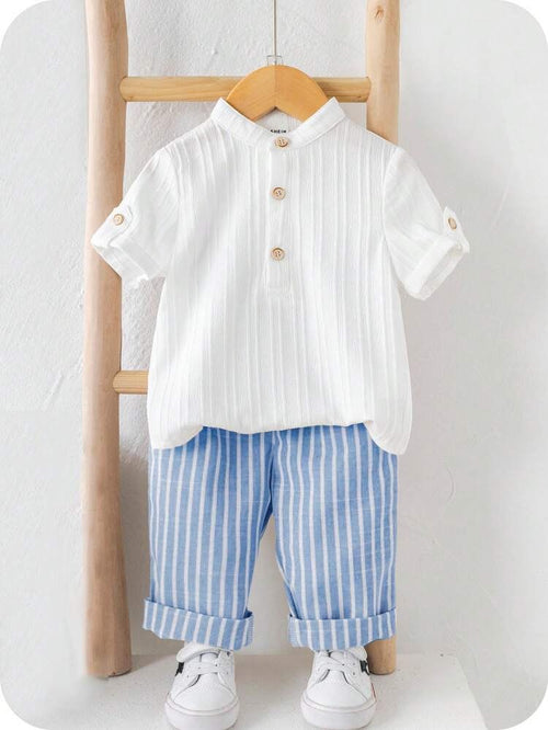 Boys White Linen Mandarin Collar Roll-Up Sleeve Shirt & Light 
Blue Striped Cuffed Full Length Pants Set - Smart Casual Summer 
Wear for Boys | The Kidswear