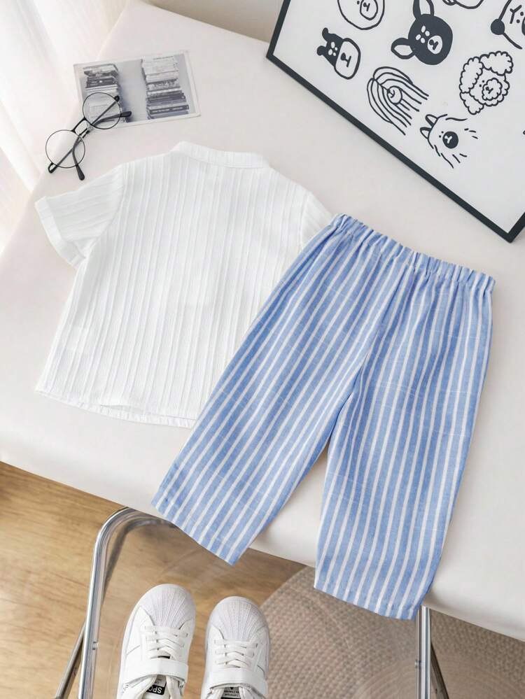 Boys Popcorn Shirt & Striped Shorts Set
