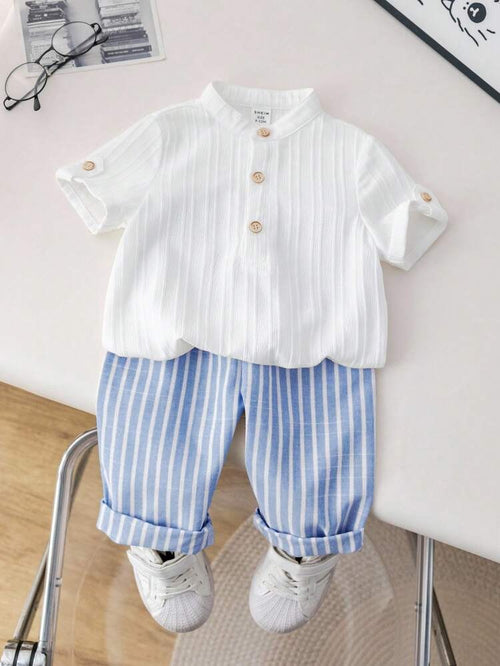 Boys Hosiery Cotton Mandarin Collar Shirt & Striped Sky Pants Set