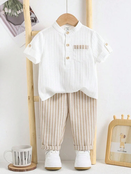 Boys White Textured Short Sleeve T-Shirt & Beige White Striped 
Cuffed Full Length Elastic Waist Pants Set - Casual Summer 
Wear for Boys | The Kidswear