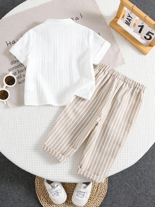 Boys Hosiery Cotton Mandarin Collar Shirt & Striped cream Pants Set