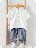 Boys Cotton Mandarin Collar Shirt & Striped Navy-blue Pants Set