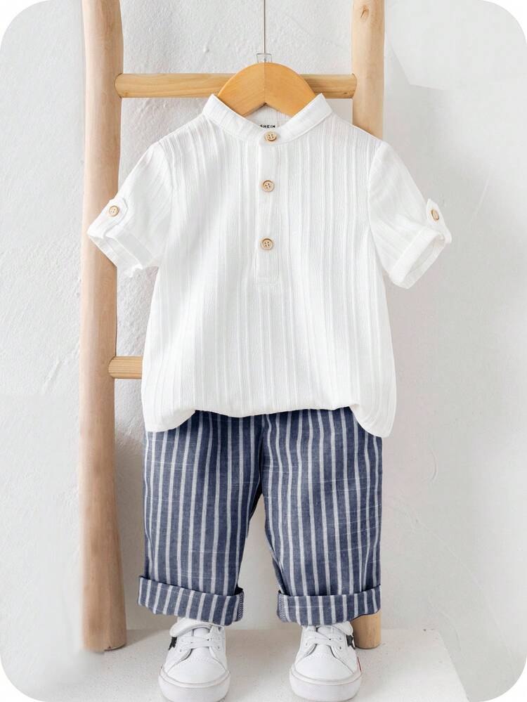 Boys Cotton Mandarin Collar Shirt & Striped Sky Shughar Pants Set