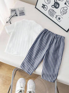 Boys Cotton Mandarin Collar Shirt & Striped Navy-blue Pants Set