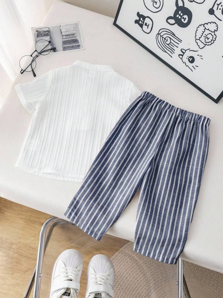 Boys Hosiery Cotton Mandarin Collar Shirt & Striped Navy-blue Pants Set