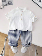 Boys White Linen Mandarin Collar Short Sleeve Wooden Button 
Shirt & Navy Blue White Striped Cuffed Full Length Pants Set - 
Smart Casual Summer Wear for Boys | The Kidswear