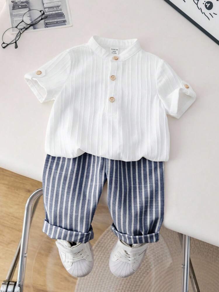 Boys White Linen Mandarin Collar Short Sleeve Wooden Button 
Shirt & Navy Blue White Striped Cuffed Full Length Pants Set - 
Smart Casual Summer Wear for Boys | The Kidswear