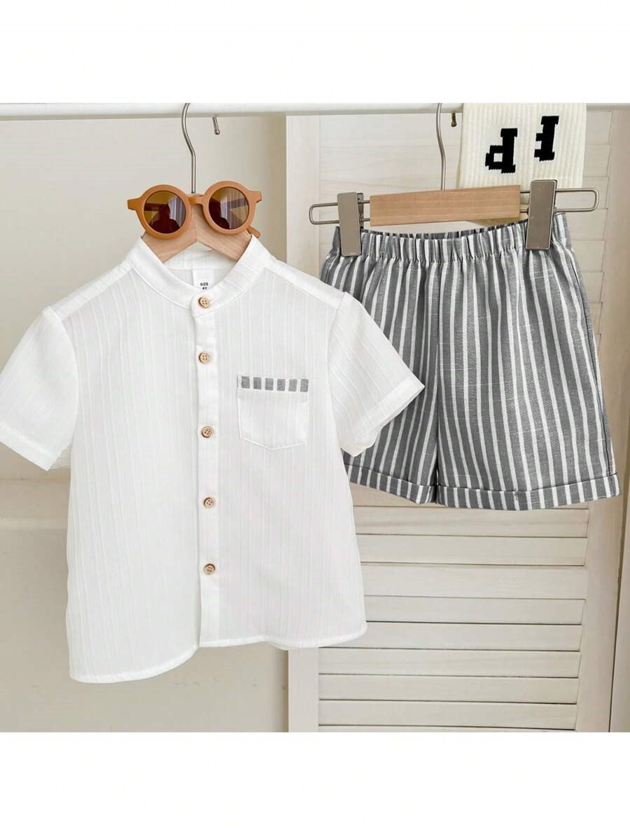 Boys Popcorn Shirt & Striped  blue Shorts Set (Mandarin Collar)