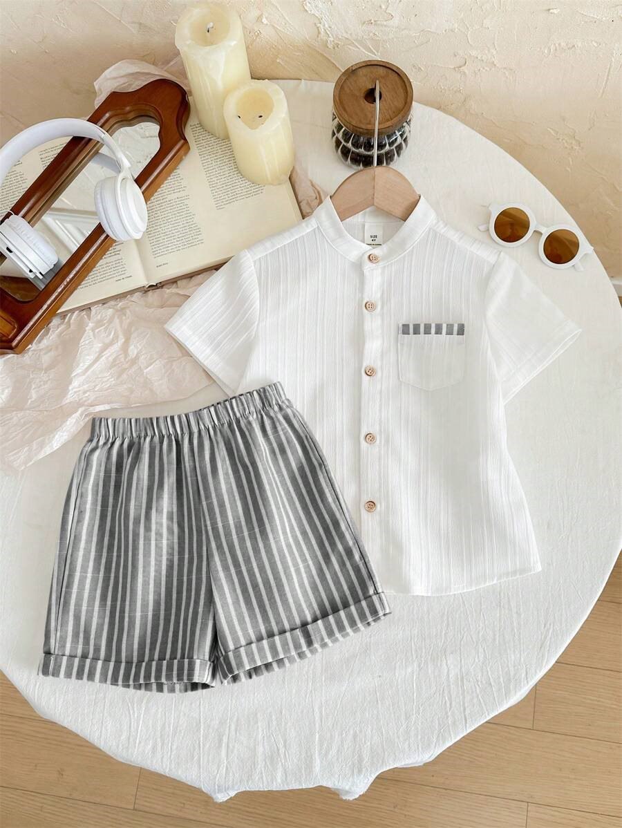 Boys White Linen Mandarin Collar Shirt & Grey Striped Cuffed 
Shorts Set - Smart Casual Summer Wear for Boys | The Kidswear
