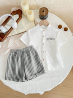 Boys White Linen Mandarin Collar Shirt & Grey Striped Cuffed 
Shorts Set - Smart Casual Summer Wear for Boys | The Kidswear