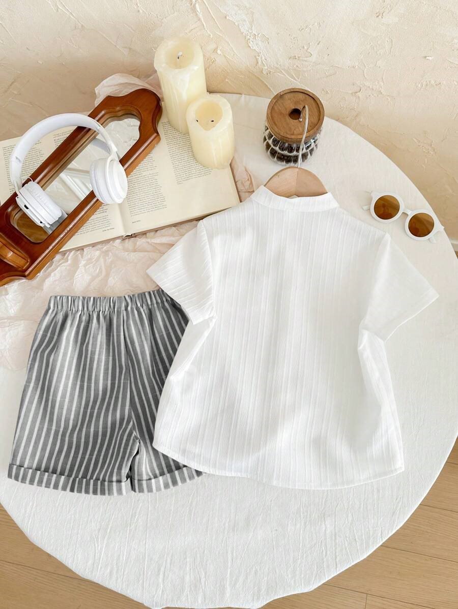 Boys Popcorn Shirt & Striped  Grey Shorts Set