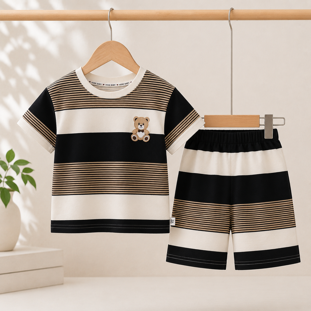 Boys Black & Coffee Striped T-Shirt Shorts Set | Hosiery Cotton