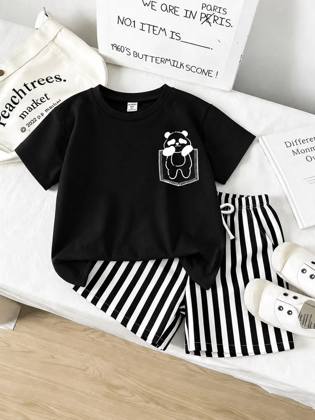 Boys Black Panda T-Shirt & Striped Shorts Set | TheKidsWear