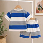 Boys Blue & White Striped T-Shirt & Shorts Co-Ord Set with Teddy Bear