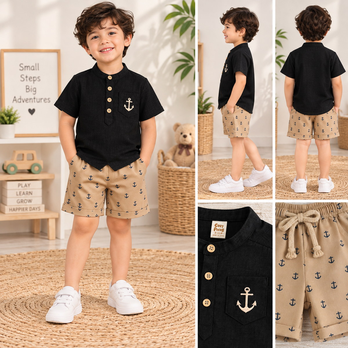 Boys Black Shirt & Beige Anchor Shorts Set | TheKidsWear