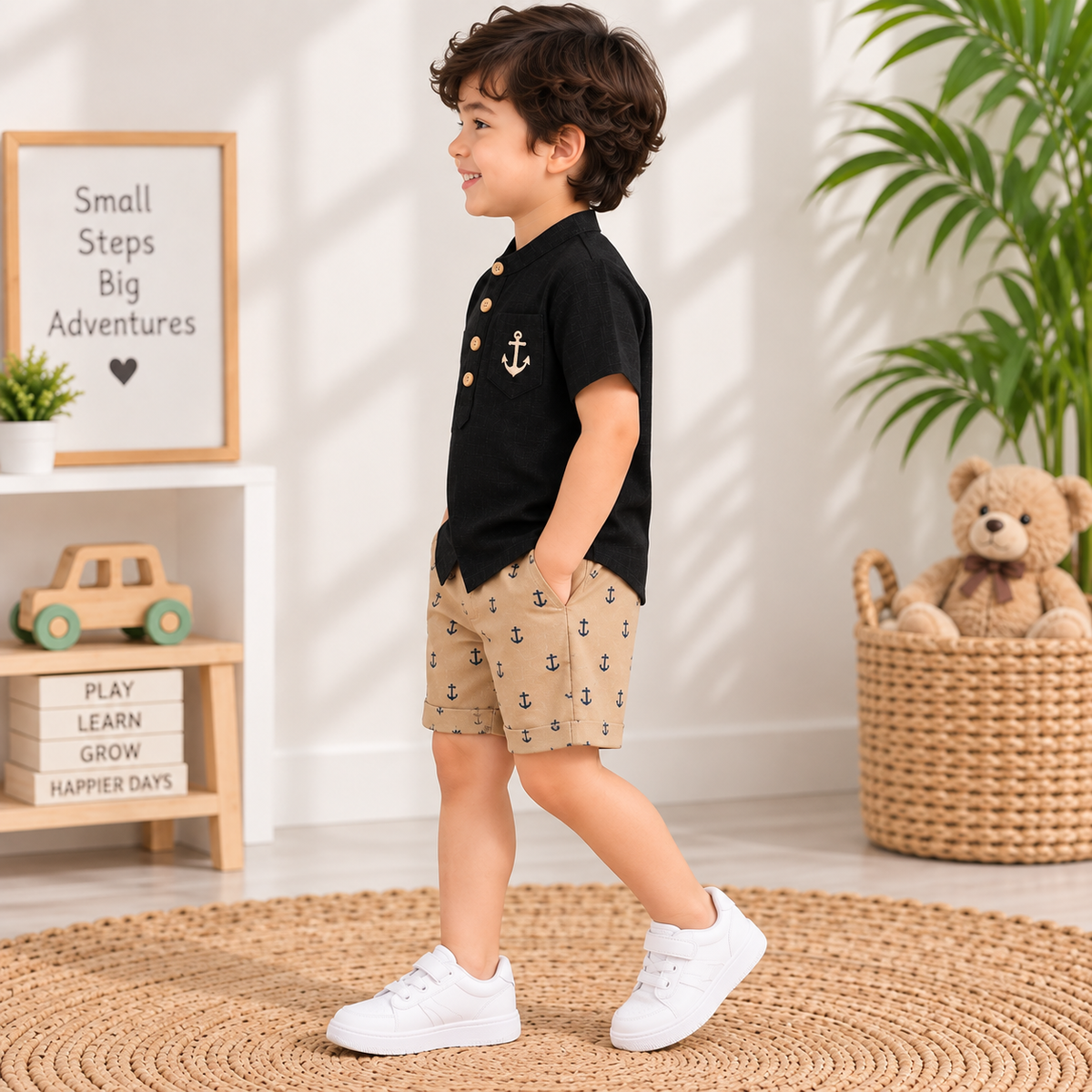 Boys Black Shirt & Beige Anchor Shorts Set | TheKidsWear