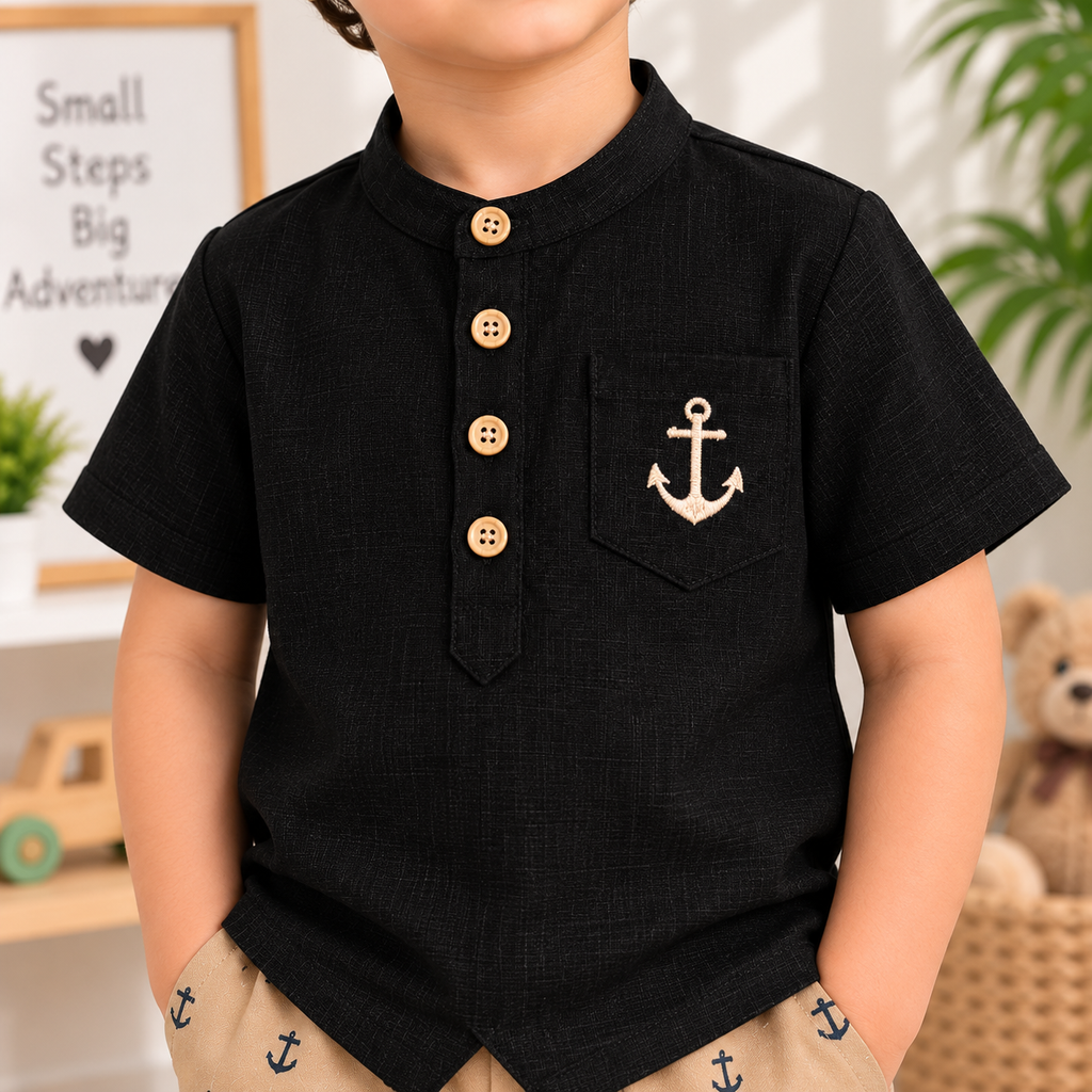 Boys Black Shirt & Beige Anchor Shorts Set | TheKidsWear