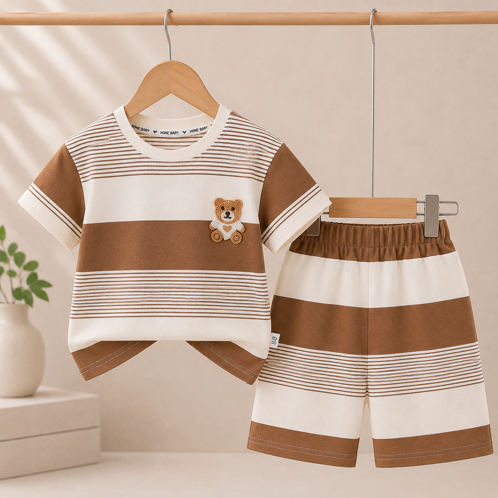 Boys Coffee & White Striped T-Shirt Shorts Set | Teddy Bear