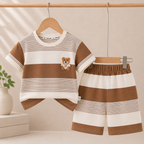 Boys Coffee & White Striped T-Shirt Shorts Set | Teddy Bear