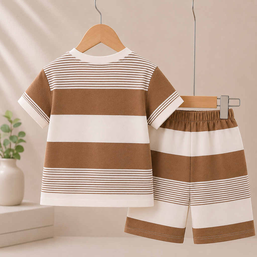 Boys Coffee & White Striped T-Shirt Shorts Set | Teddy Bear