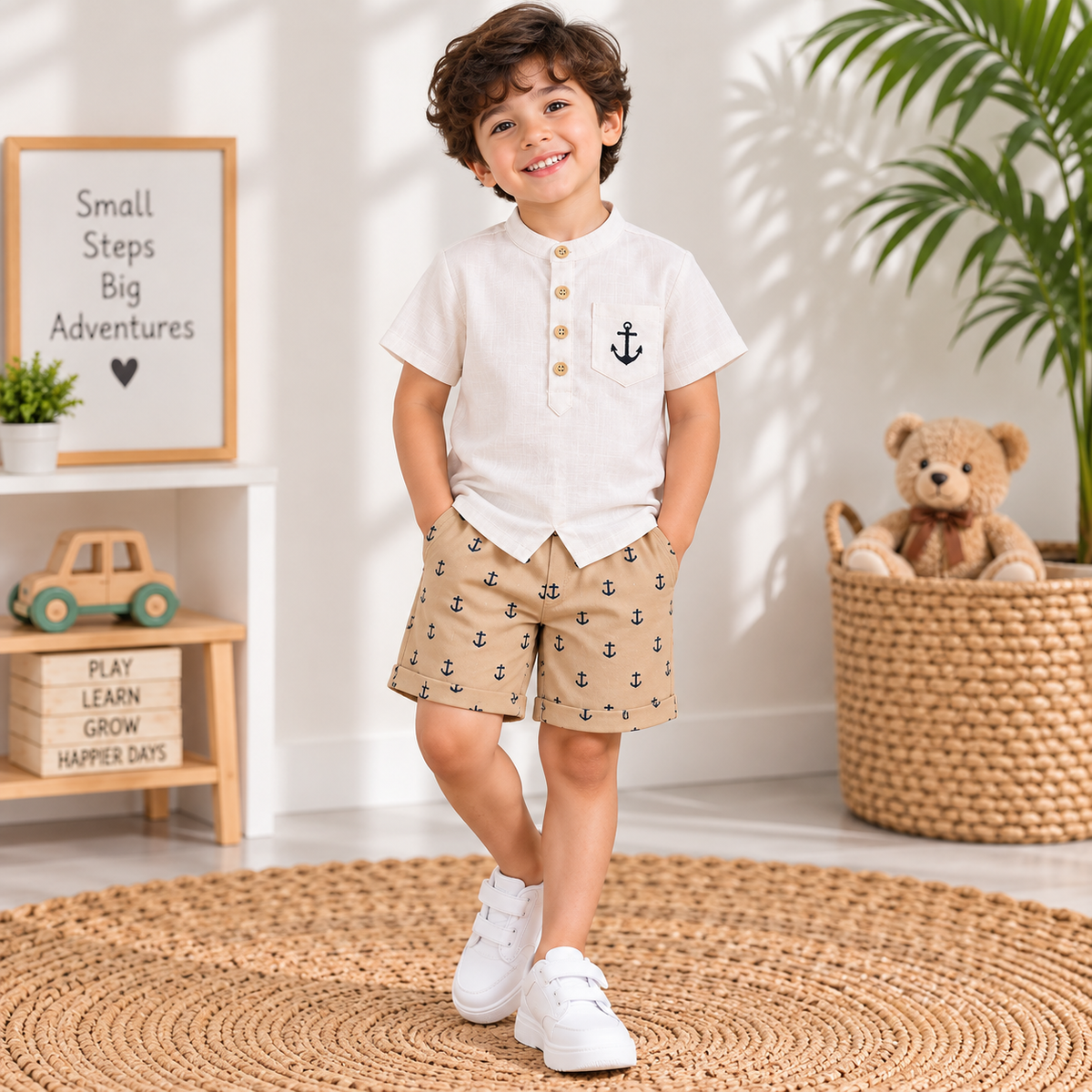 Boys Black Shirt & Beige Anchor Shorts Set | TheKidsWear