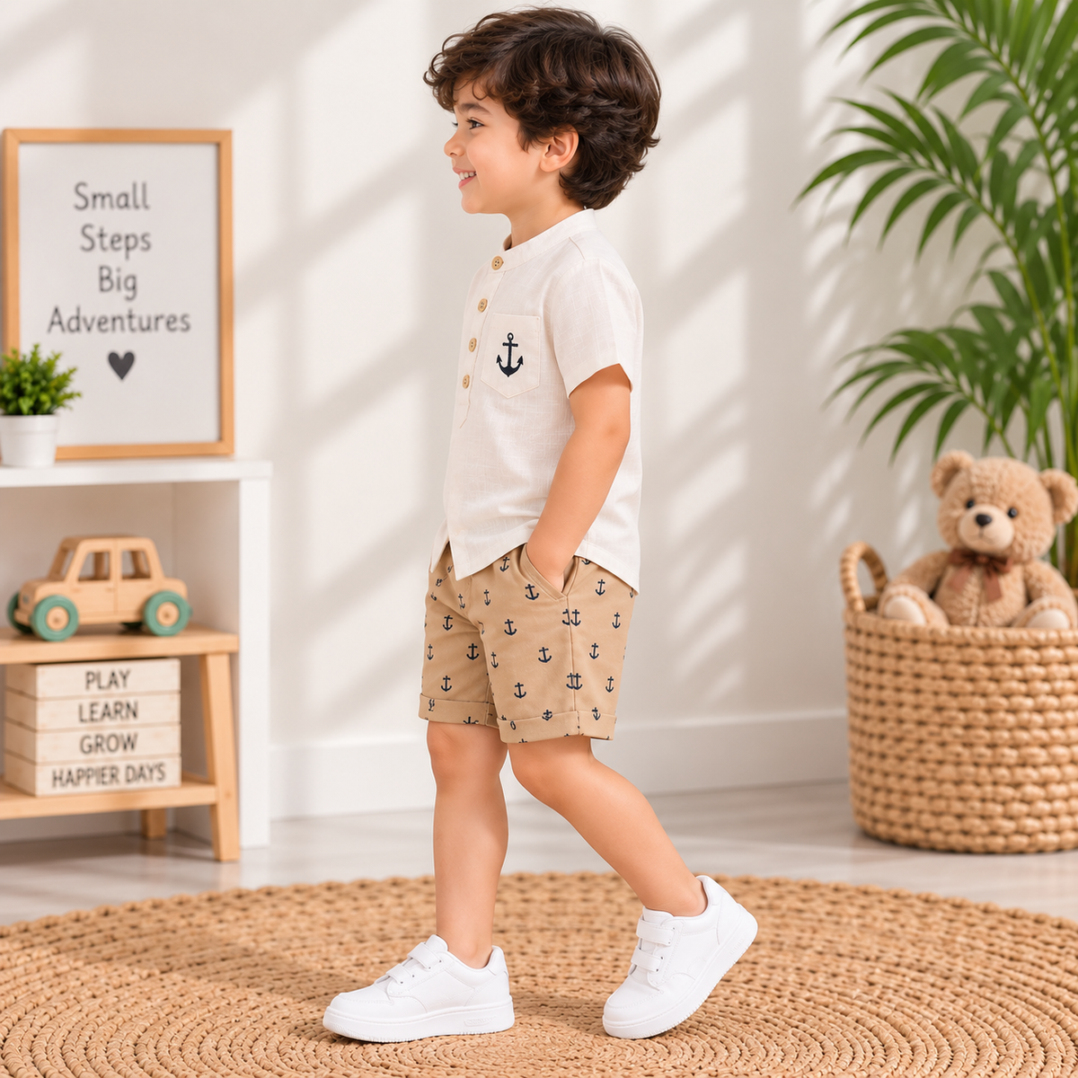 Boys Cream Shirt & Beige Anchor Shorts Set | TheKidsWear