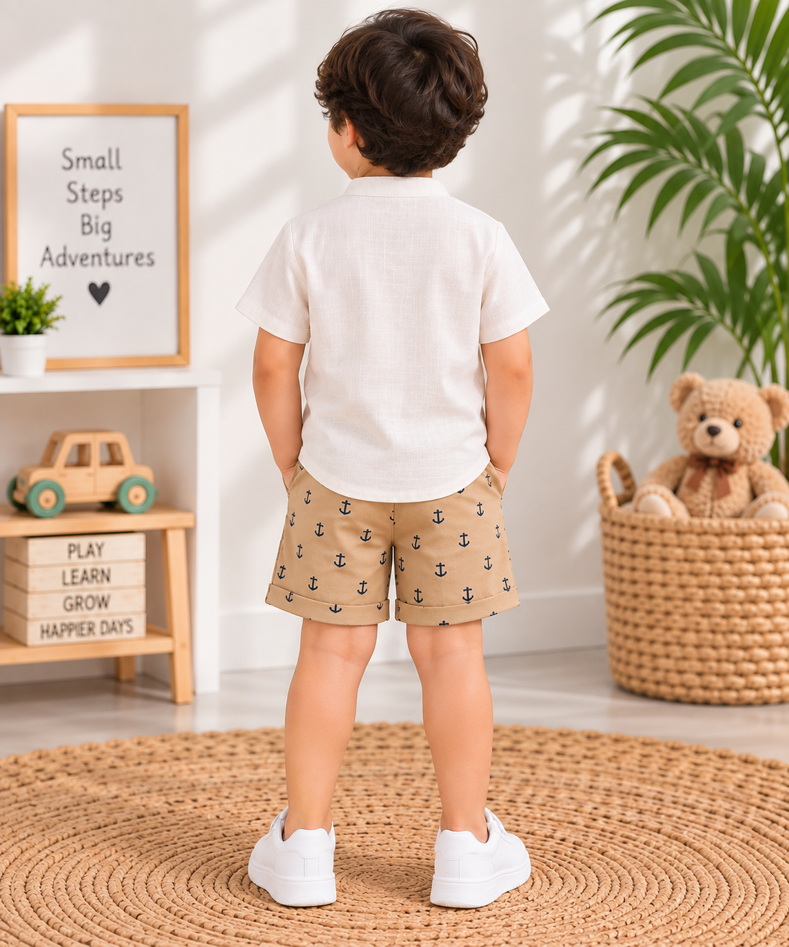 Boys Cream Shirt & Beige Anchor Shorts Set | TheKidsWear