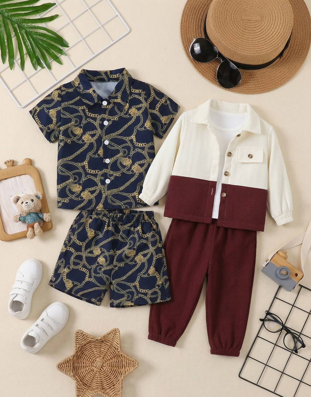 Boys Chain Print Shirt Shorts & Colour Block Jacket Pant Combo 
Set - Navy Blue Gold Print & Cream Maroon Corduroy - Casual Wear 
for Boys | The Kidswear